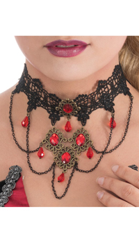 COLLIER DENTELLE NOIRE ET ROUGE - Bijoux - Accessoires - Déguisements et accessoires - Fête en Fête - Déguisements, mariages, baptêmes, articles de fête, halloween 